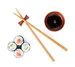 Sushi set, chopsticks and soy sauce. Isolated on white background