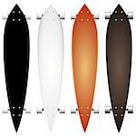 Vector collection of mock up for colored leaf form longboards with white wheels. Four isolated illustrations on white.