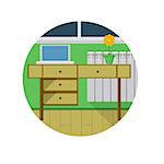Workplace with laptop and green flower pot on at the window with radiator. Home office interior. Flat colored vector icon on white background.