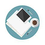 White coffee cup, tablet and note sheets with two pens on blue table a top view. Flat circle colored vector icon for blog on white background.