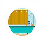 Blue bath with gray metallic shower, yellow curtain, duck and cosmetics. Blue tile wall. Flat circle colored vector icon for bathroom on white background.