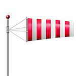 Single red striped windsock by wind. Isolated vector illustration on white.