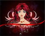 Illustration of girl with red hair and flourish abstract background.