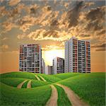 Buildings, green hills and road against dramatic sky with clouds. Architectural concept