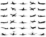 Different black silhouettes of airplane, vector
