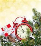 Christmas background with clock, gift box, snow fir tree and copy space with bokeh