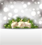 Illustration Merry Christmas postcard with fir branches and golden balls - vector