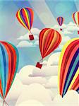 Illustration of colorful hot air balloons on sky background.