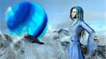 Fantasy princess elf in waving blue dress flying over the mountains with background of a big blue planet