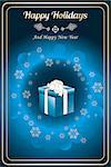 Happy holidays card with giftbox, golden snowflakes and bubbles on shiny deep blue background - available as vector and jpg-file