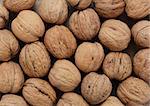 Walnuts in shells on a wooden background