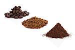 Coffee Variation. Coffee beans, ground coffee and instant soluble coffee heaps isolated on white background. Culinary coffee drinking concept.