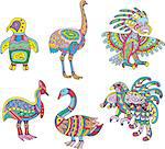 Motley swan, ostrich, penguin and other birds. Set of ethnic vector designs.
