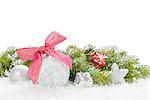 Christmas colorful decor with snow fir tree. Isolated on white background with copy space