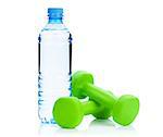 Two green dumbells and water bottle. Fitness and health. Isolated on white background