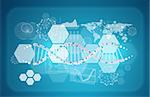 Model of DNA with hexagons, graphs and world map. Scientific and medical background