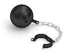 Black prison shackle with chain rendered with soft shadows on white background