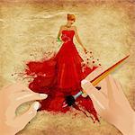 Illustration of beautiful blonde woman with elegant dress melting in red paint grunge background.