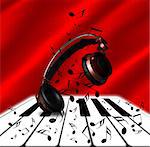 Realistic red headphones with music notes and a piano at red background