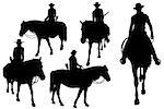 Vector silhouettes of Western cowboys, black silhouette over white