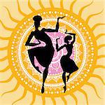 Beautiful Indian dancers silhouettes. Mandala Sun. Hand drawn vector background.