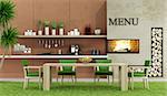 Modern garden with table,chair and wall barbecue - 3D Rendering