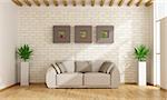 Contemporary living room with sofa against brick wall - 3D Rendering