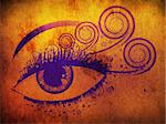 Illustration of woman eye of violet color with swirls on grunge background.