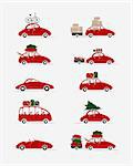 Set of different red cars with luggage for your design, vector illustration