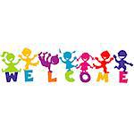 Illustration with word WELCOME and happy children