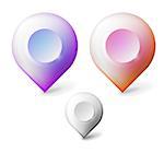 Set of three colored realistic vector icons for markers geolocation isolated on white background.