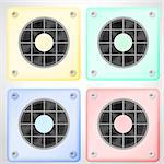 Set of colored plastic ventilations with circle lattice. Four isolated vector illustrations on gray background.