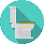 Gray toilet pan with yellow closed seat a side view. Flat blue circle vector icon with long shadow on white background.