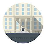 Residential building or hotel facade with benches and porch and part of road. Flat circle colored vector icon with long shadow on white background.