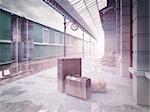 fog on the retro railway  train station .3D concept