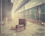 fog on the retro railway  train station .Vintage color style 3D concept