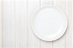 Empty plate over white wooden table background with copy space