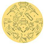 Vector pattern with black outline instruments for construction or repair on yellow circle background.