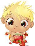 child eating strawberries all drawn on a white background