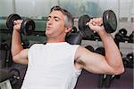 Fit man lifting dumbbells lying on the bench at the gym