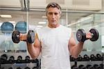 Fit man lifting heavy black dumbbells at the gym