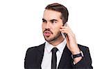 Smart businessman speaking on the phone on white background