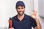 Casual plumber smiling at camera in the kitchen