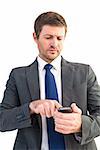 Businessman sending a text message on white background