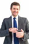 Businessman sending a text message on white background