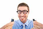 Geeky businessman holding two cables on white background