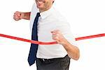 Businessman smiling and crossing the line on white background