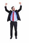 Happy cheering businessman raising his arms on white background