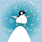 Bright Christmas card with a penguin on a blue background with snowflakes