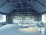 beautiful modern attic interior 3d design concept. Grayscale effect